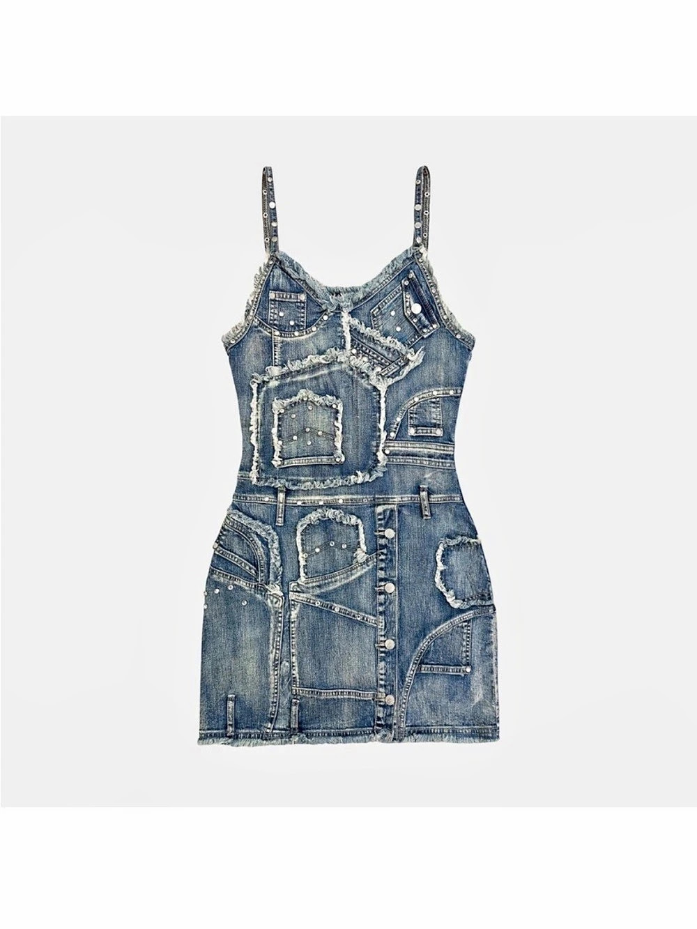 Vintage Y2K Platinum Plush Denim Patchwork Studded Mini Dress